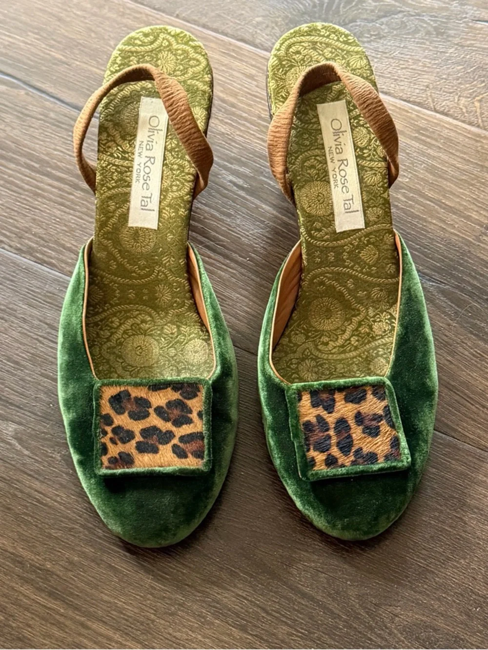Olivia Rose Tal Green Velvet & Leopard Fur Slingback Heels size 9 - Picture 4 of 6